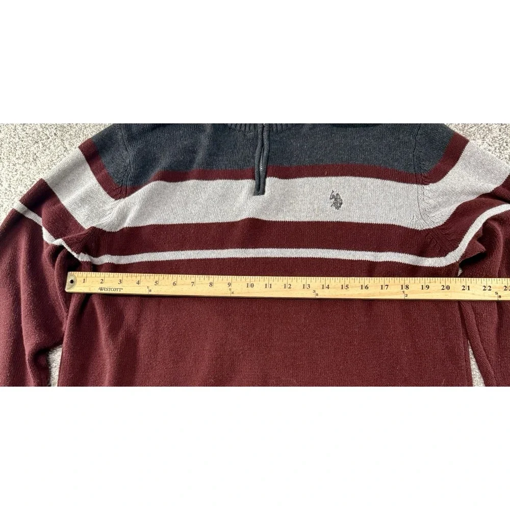 Vintage Polo Ralph Lauren Quarter Zip Sweater Burgundy Gray Stripe Men's Size L